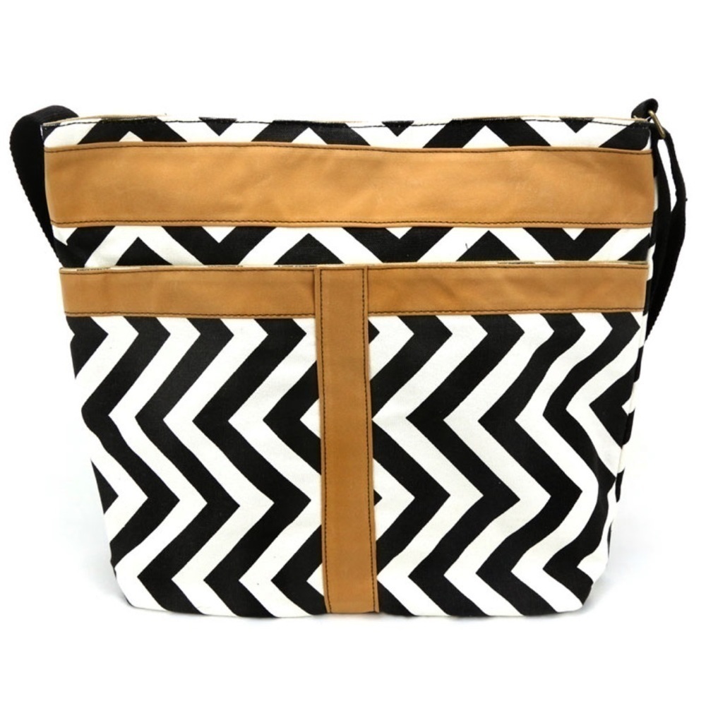 NWT Pioneer Plus Black & Brown Chevron Canvas Tote Bag Shoulder Strap